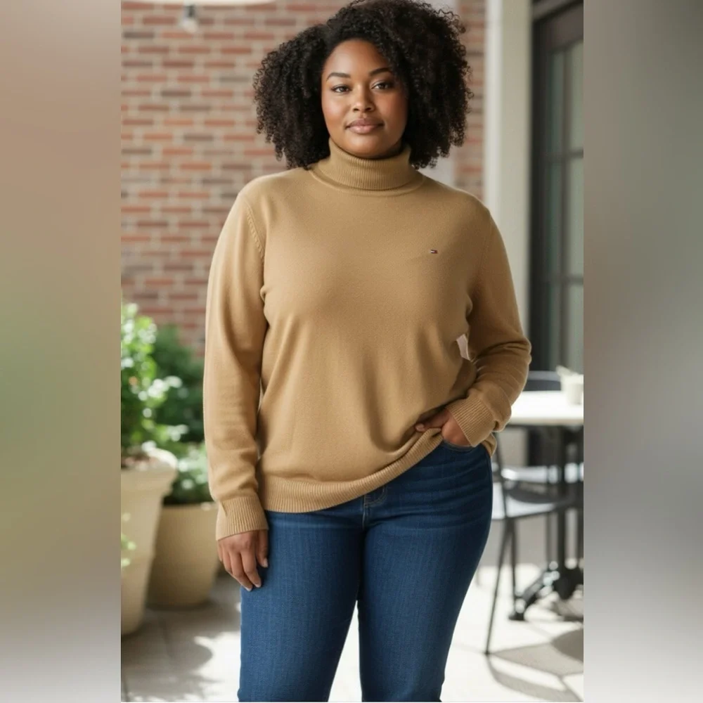 Tommy Hilfiger, Plus Size Long Sleeve Knit Turtleneck, XXL, Tan - Picture 1 of 10